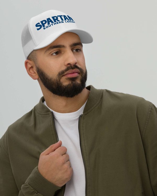 White Trucker Cap with Blue Embroidered Spartans